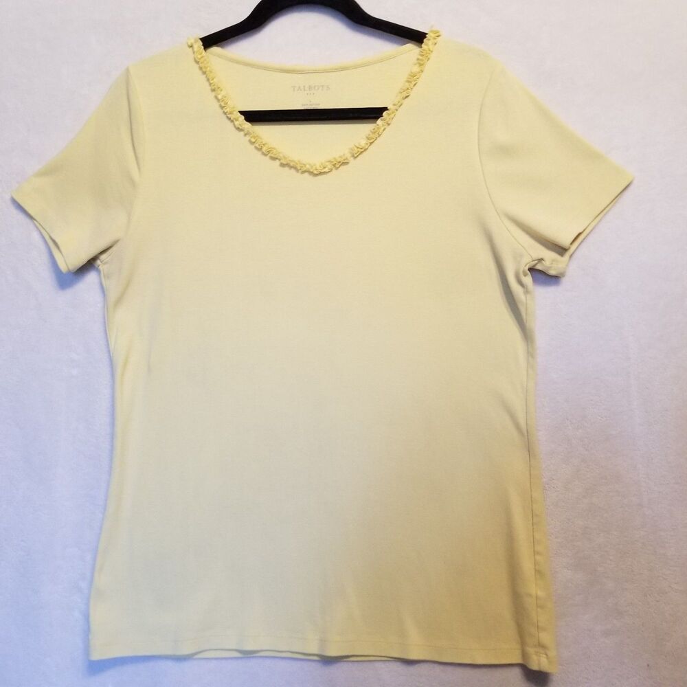 Talbots L T Shirt Top 100% Cotton Ruffle V Neck Butter Yellow Preppy Spring Fun